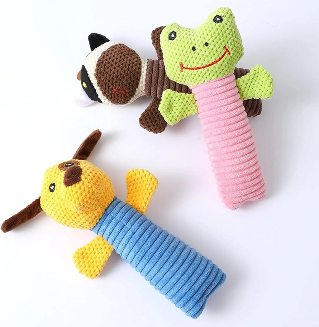 Squeaky stuffed animal dog chew toy in calf, frog, or puppy shape for dental cleaning
