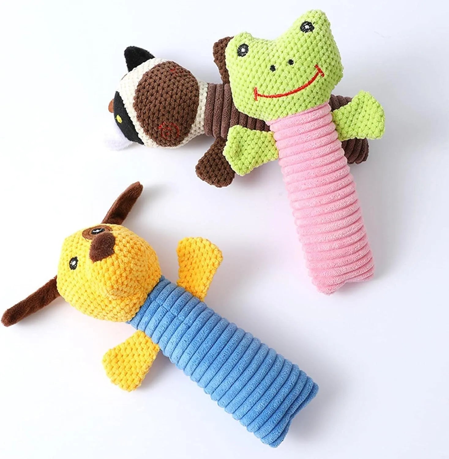 Squeaky stuffed animal dog chew toy in calf, frog, or puppy shape for dental cleaning