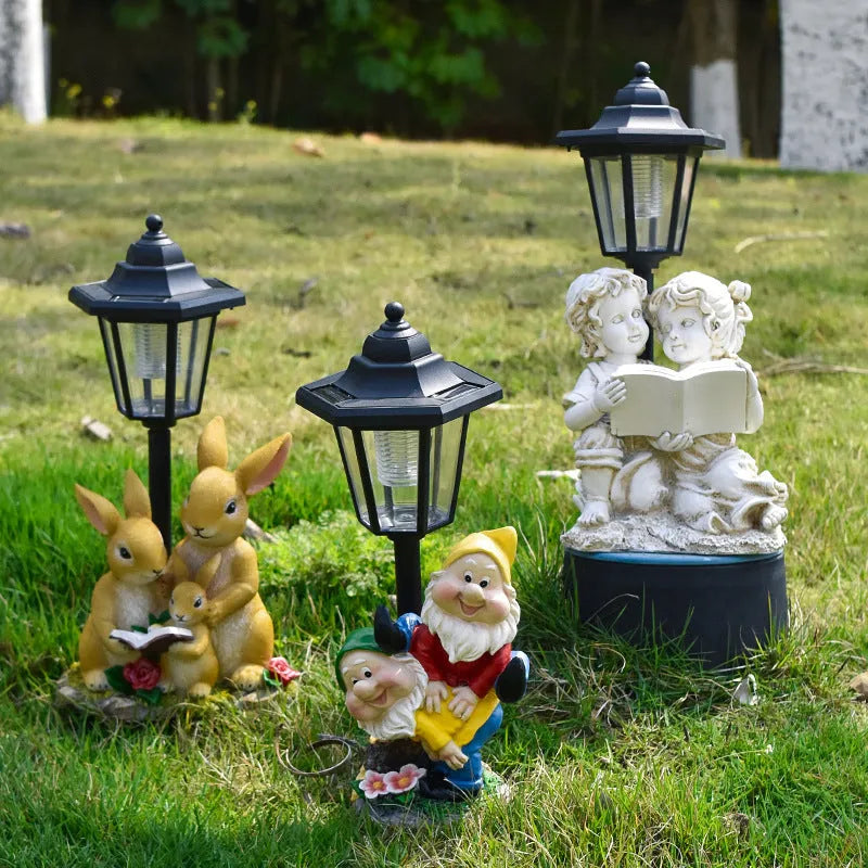 Solar-powered hexagonal garden lamp in American country style resin, showing decorative animal figure design option.