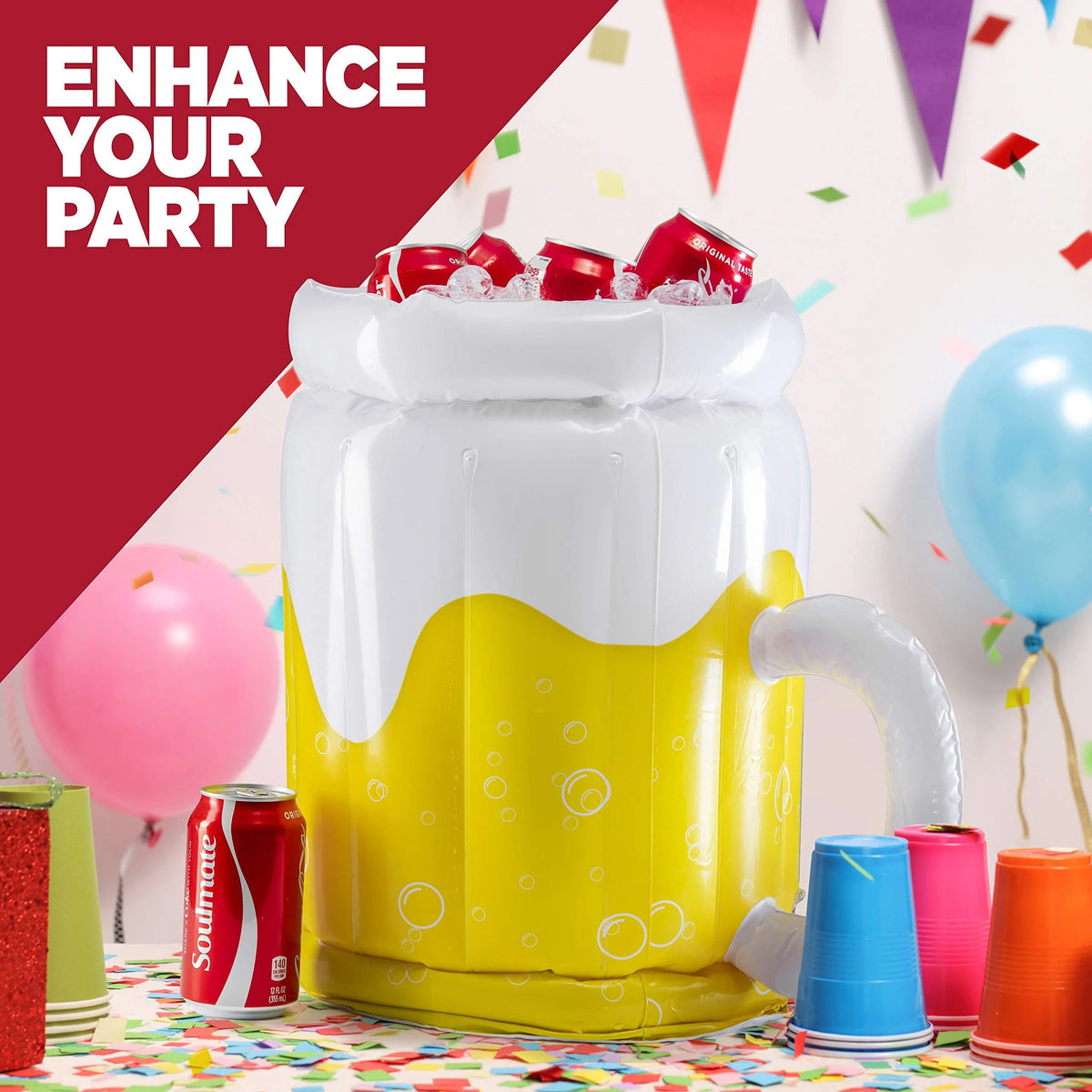Yellow inflatable beer mug cooler pool float, 44cm x 32cm PVC drink holder for parties