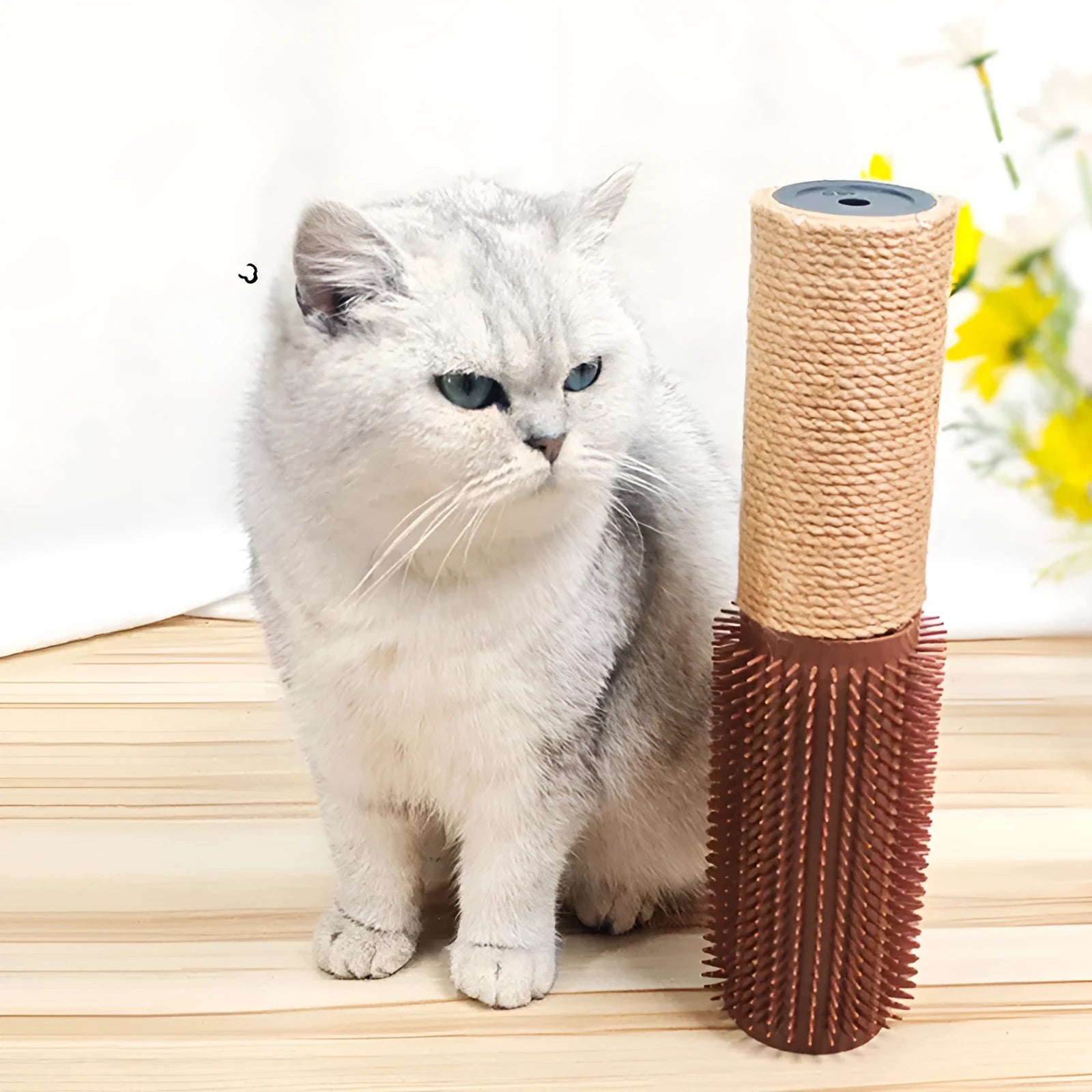 Brown sisal scratching post for cats measuring 30cm tall with sisal rope surface