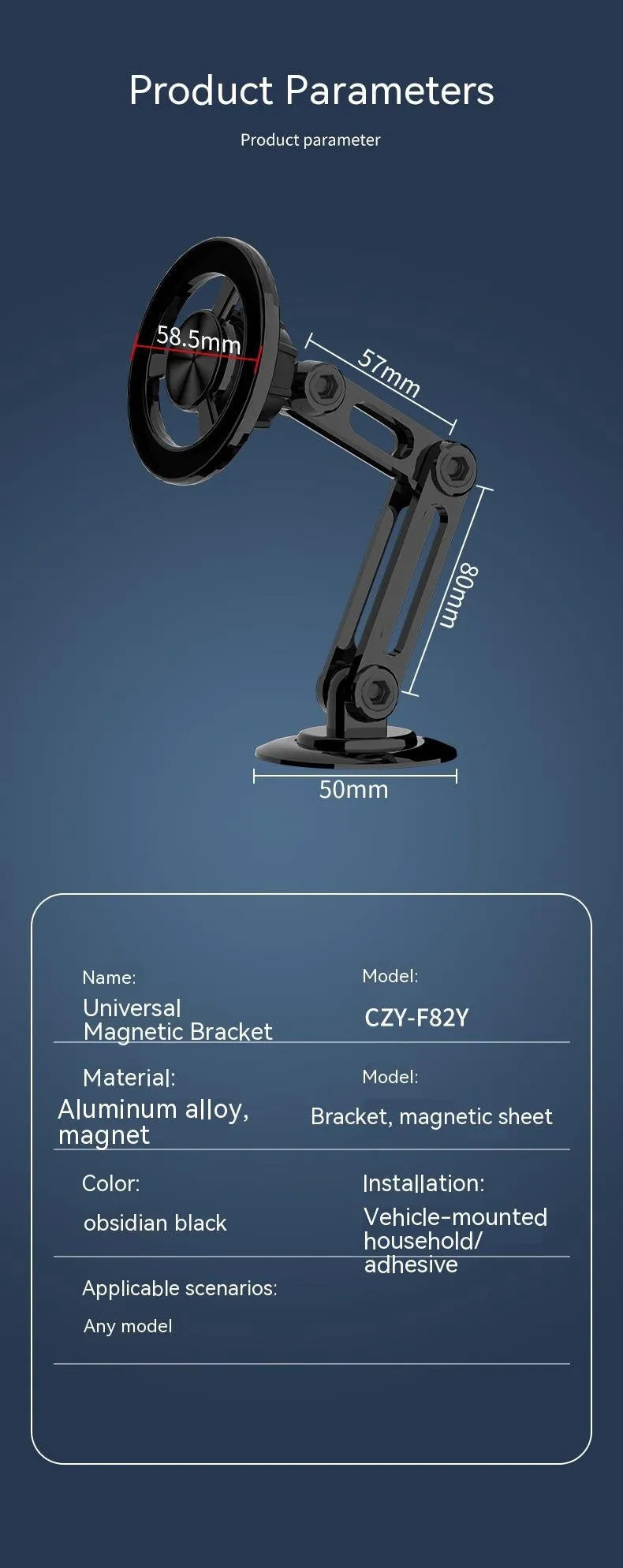 All-metal magnetic car phone holder mounted on dashboard with phone attached, showing 360-degree rotation capability