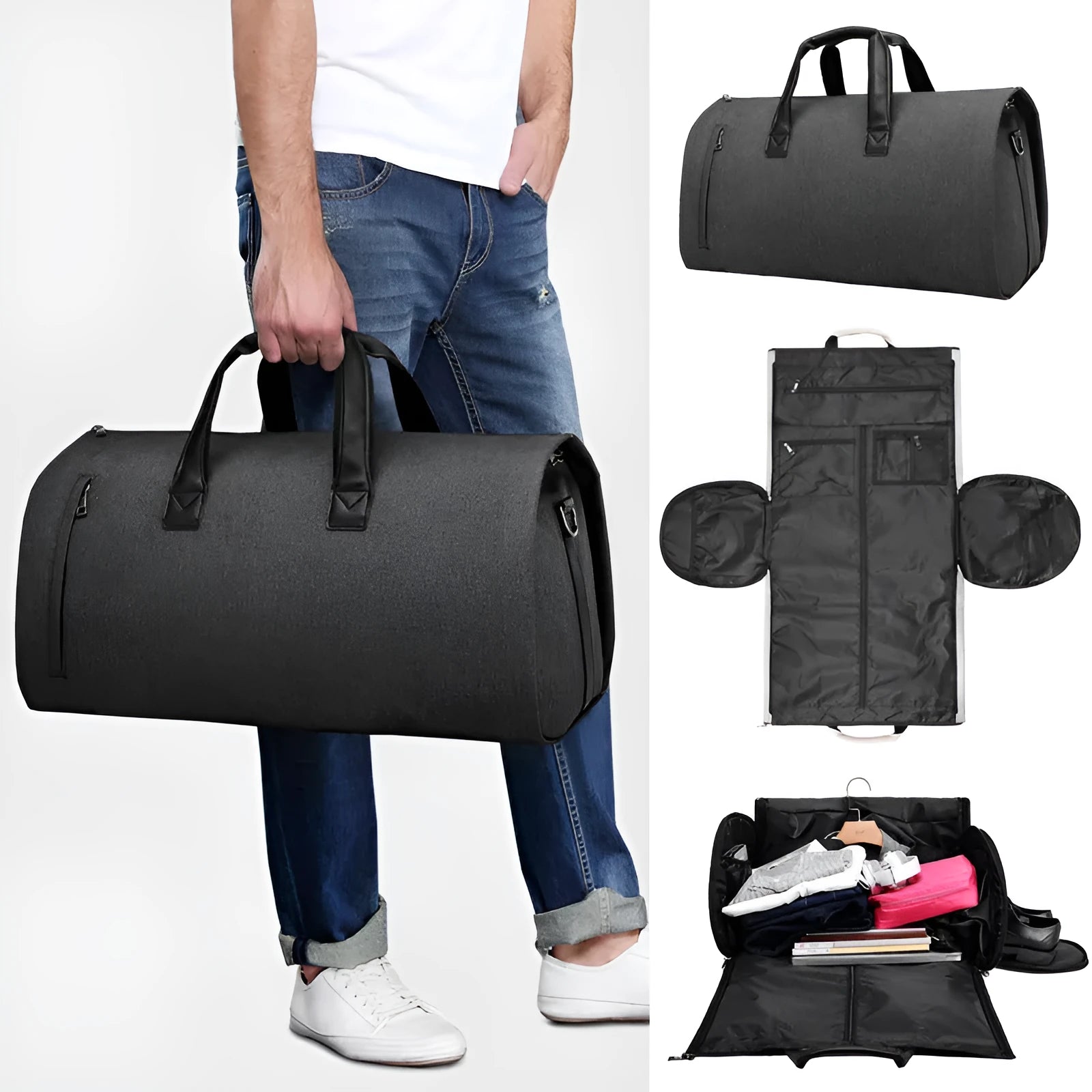 Light grey oval travel bag with multiple internal compartments open, showing camera insert and document pockets.