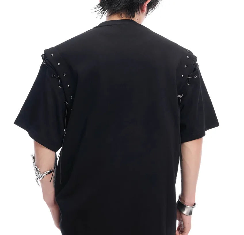 Black short sleeve t-shirt with side lace-up cutout detail on white background