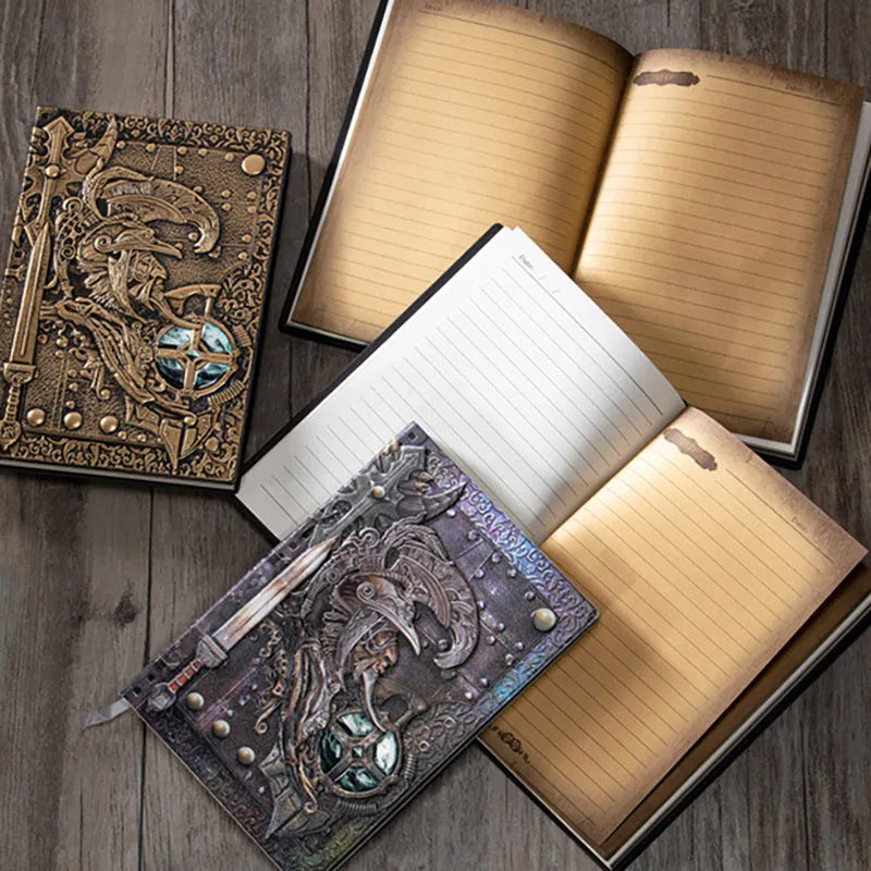 A5 leather notebook with 3D embossed warriors relief on the cover, shown in bronze colour.