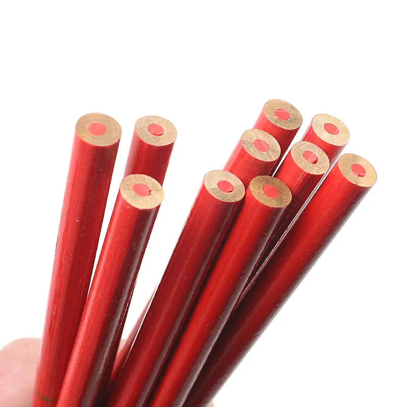 Red and blue wooden carpenter pencils with round barrels in 10-piece set for woodworking marking