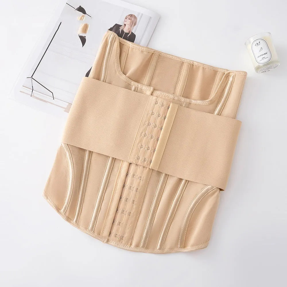 Nylon waist trainer belly band in black and apricot colours with belt tie