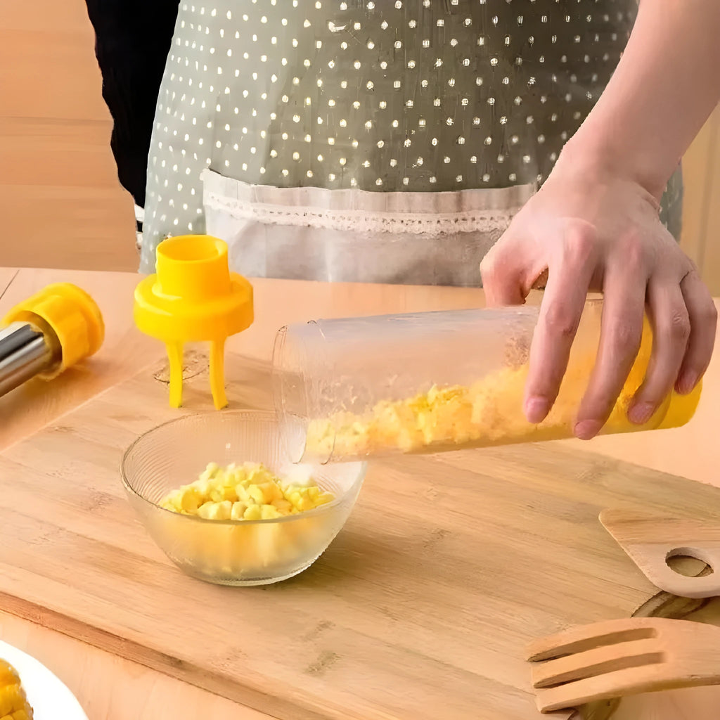 Yellow cylindrical corn stripper kitchen tool with ABS and stainless steel construction.