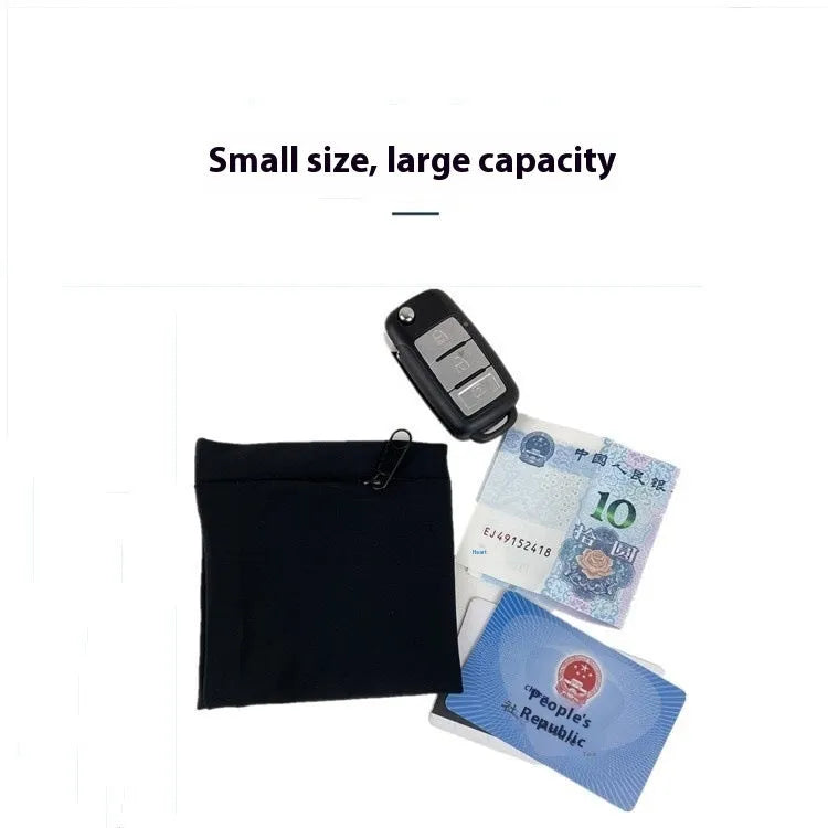 Compact 10x10.5cm wrist bag armband sleeve for mobile phones, shown with cardboard packaging for camping and fitness use.