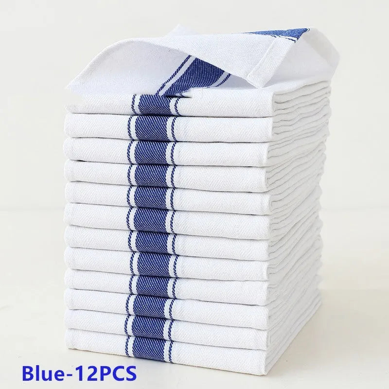 Set of twelve striped cotton dish towels in various colours, each measuring 48 by 70 centimetres.