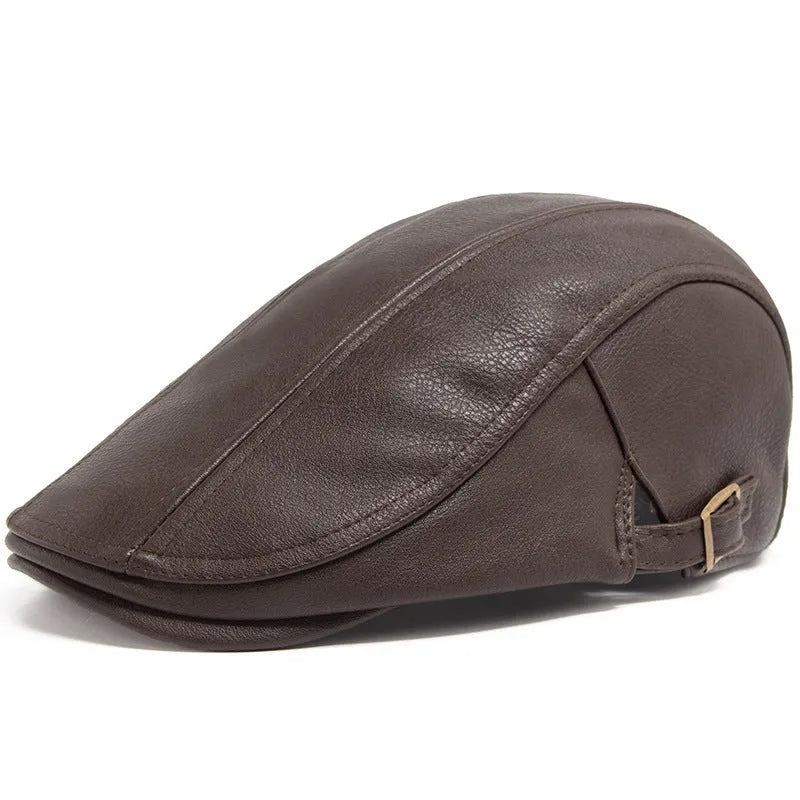 Thick PU artificial leather peaked cap with flat top crown, adjustable size, shown in black, dark gray, camel and brown for autumn and winter.