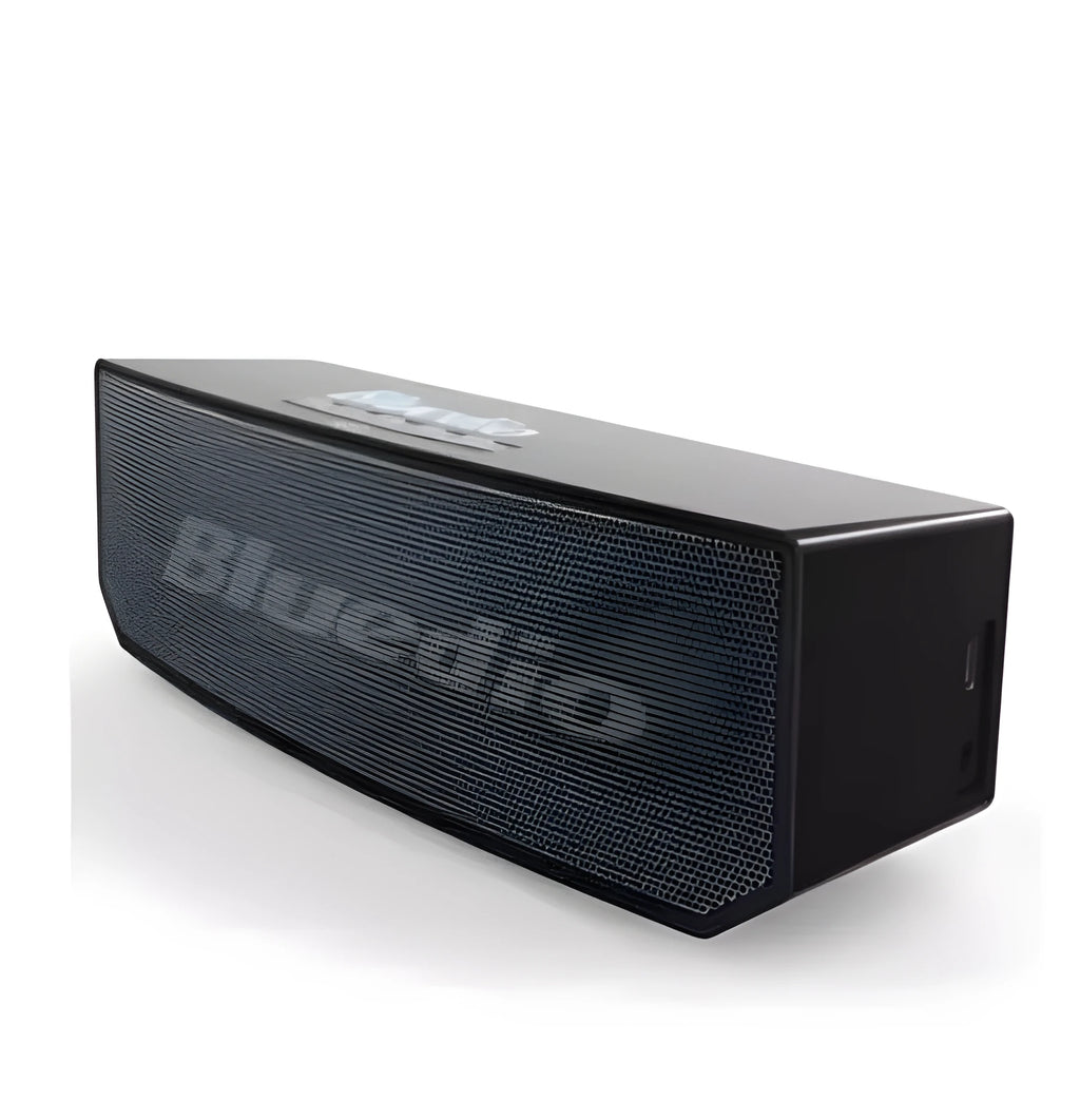 Black Bs-6 compact Bluetooth smart speaker showing front and side.