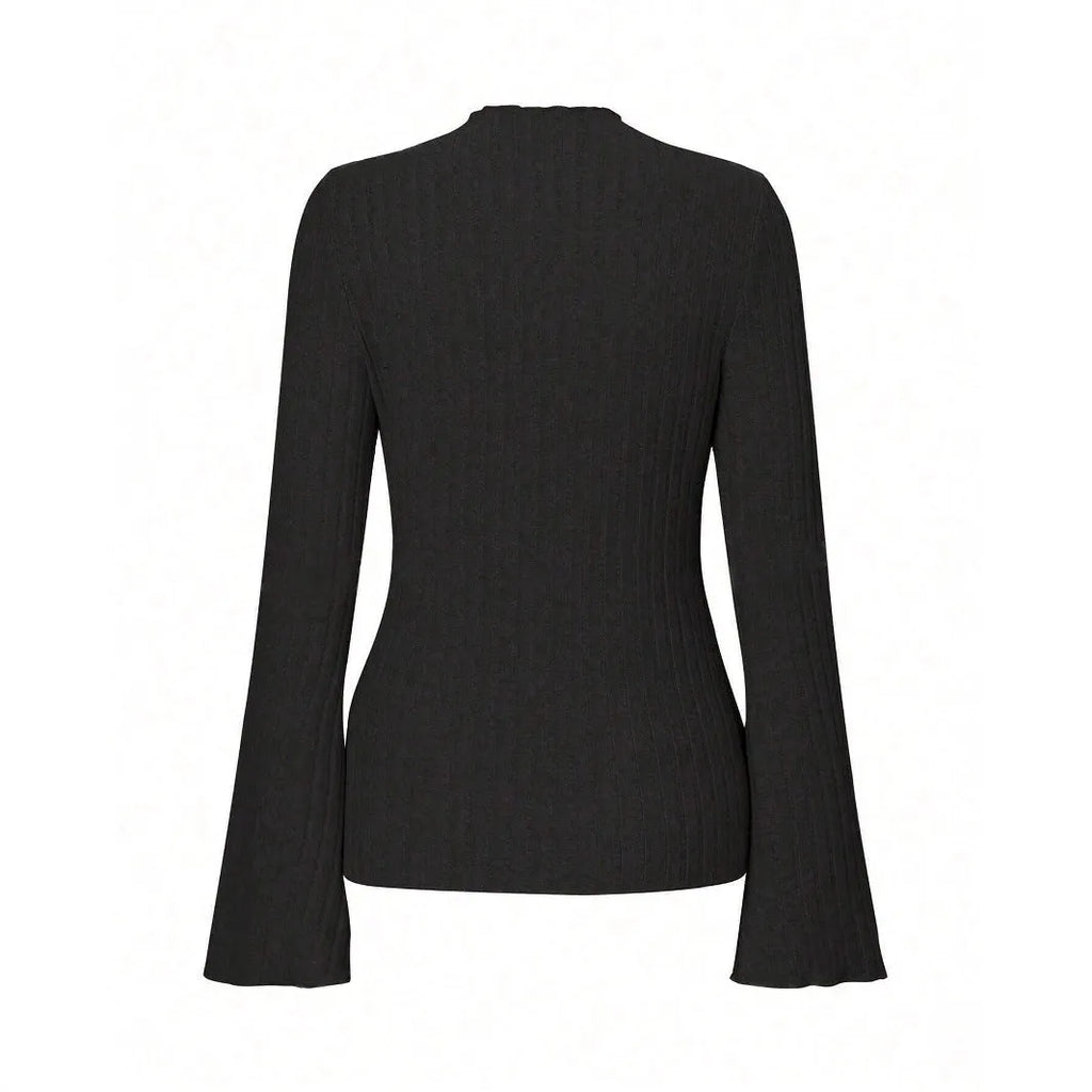 Long sleeve round neck top with lantern sleeves in black brushed polyester fabric