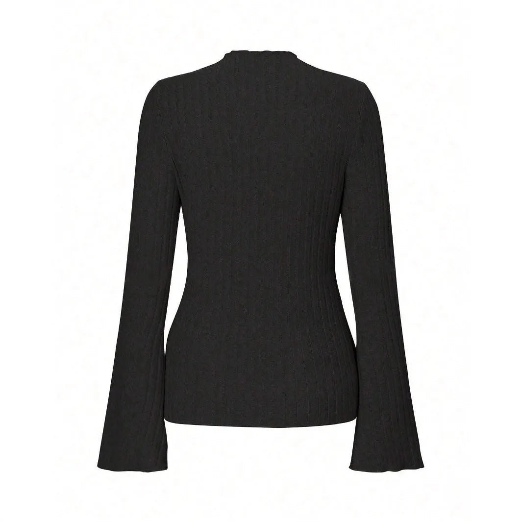 Long sleeve round neck top with lantern sleeves in black brushed polyester fabric