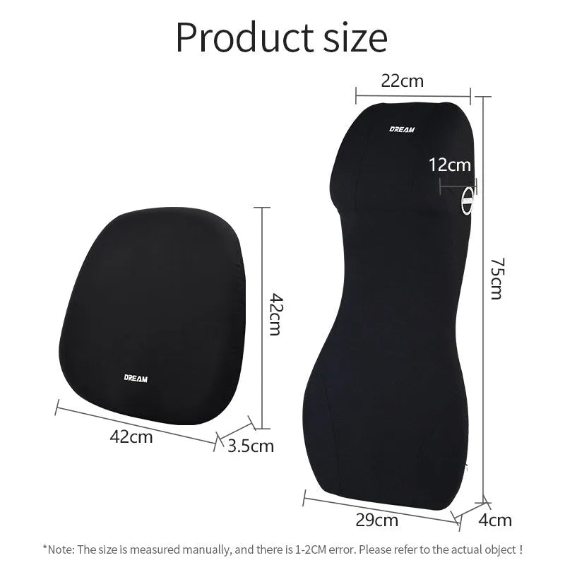 Black automotive memory foam cushion and headrest lumbar support pillow set on a car seat.