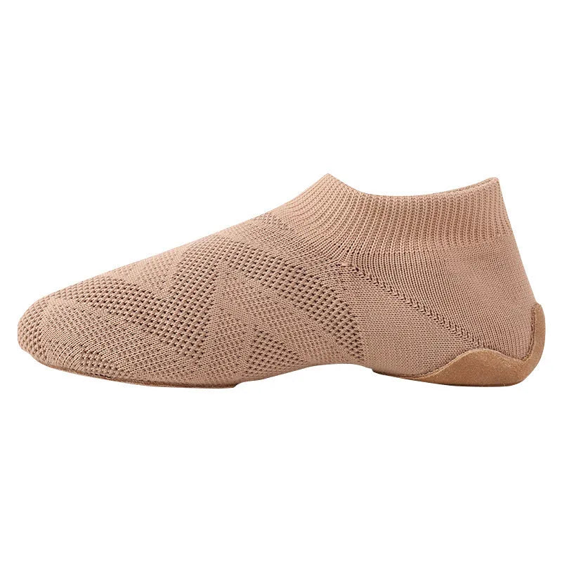 Camel colour Latin dance shoes with cotton mesh upper and leather sole
