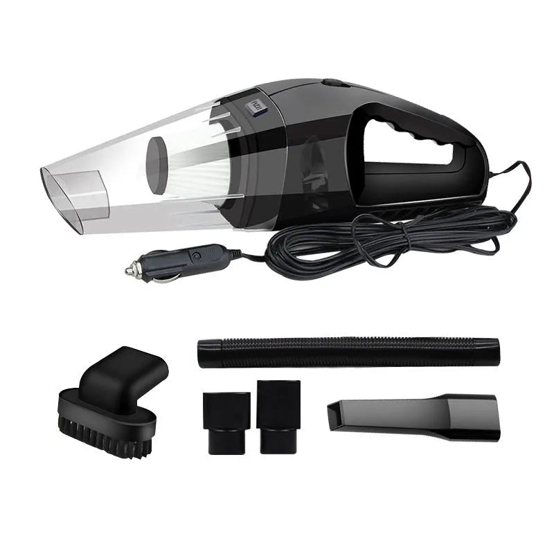 Orange 12V handheld car vacuum cleaner with nozzles on a car seat