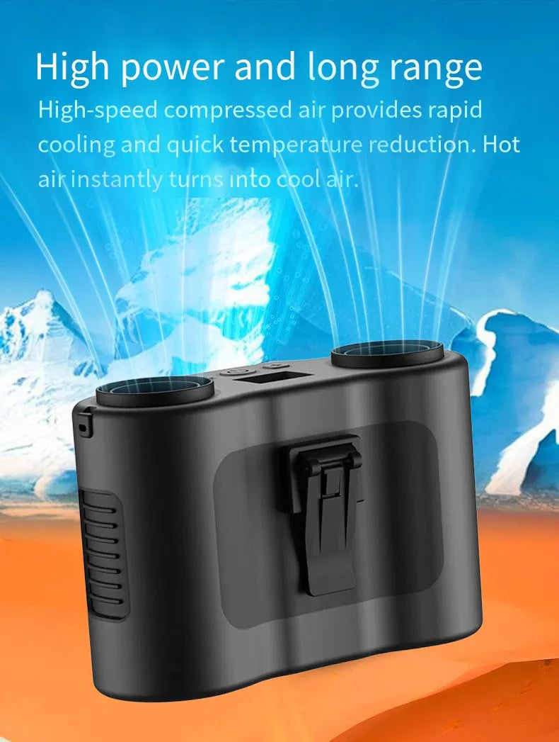 Black portable waist-hung fan with lanyard, showing top control button and air vents.