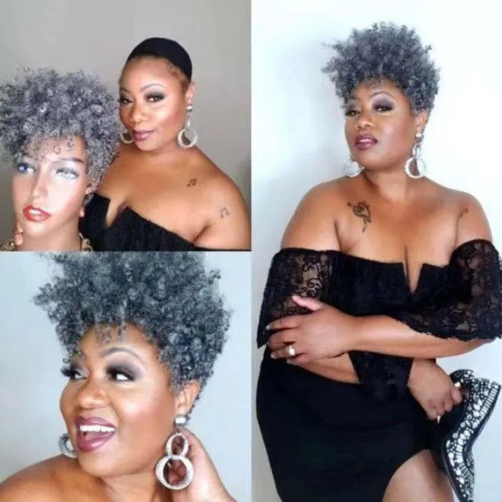 Short synthetic wig on a mannequin head showing simple rolls hairstyle in a dark colour.