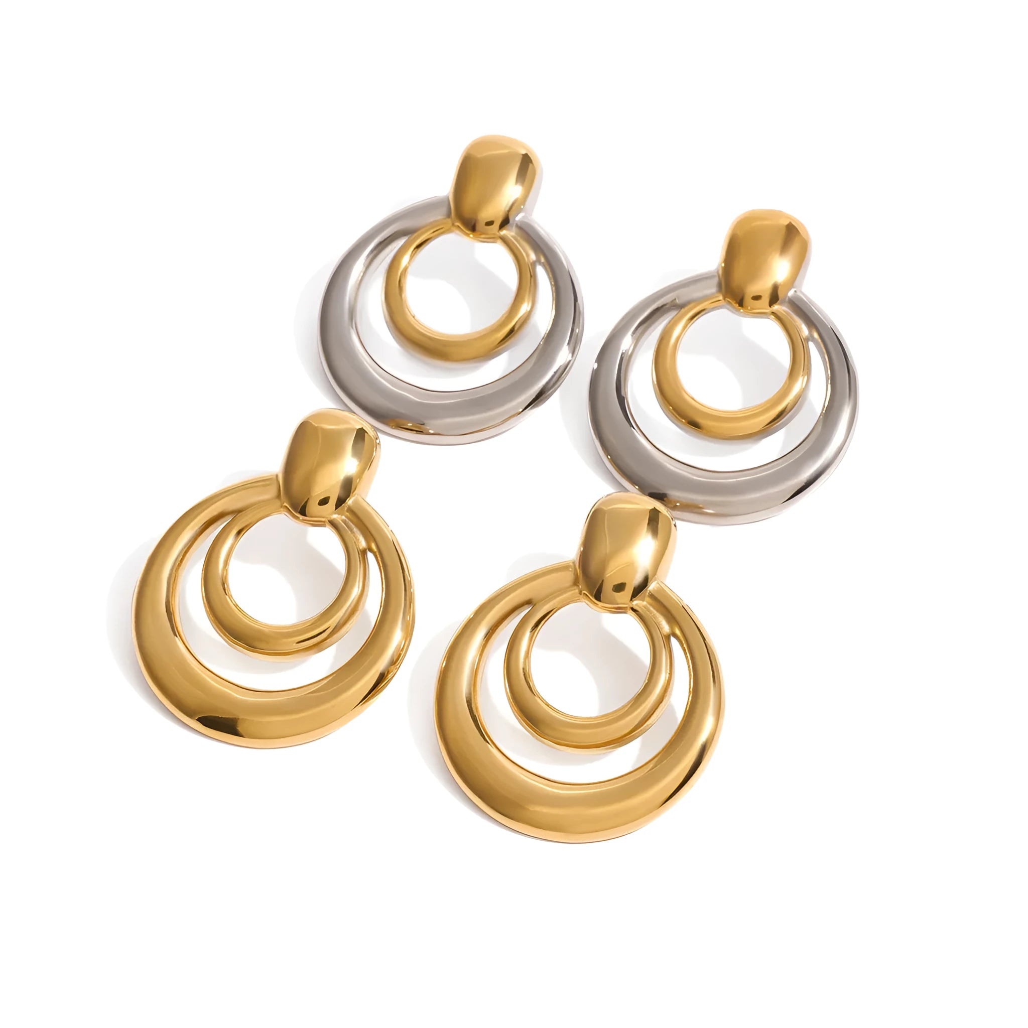 Golden round double-layer hollow stud earrings with geometric design on titanium steel