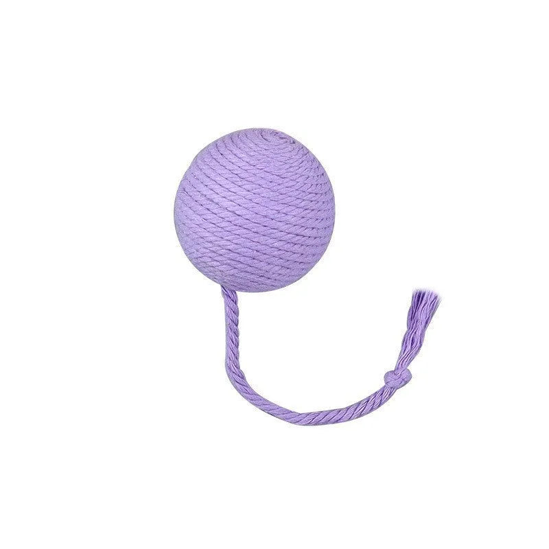 Colourful cat toy ball with rope attachment and built-in bell for interactive play