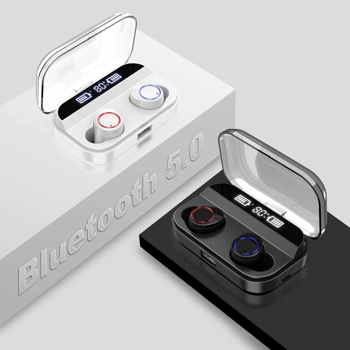 Black X11 wireless Bluetooth earbuds and charging case with silicone ear tips on a white background.