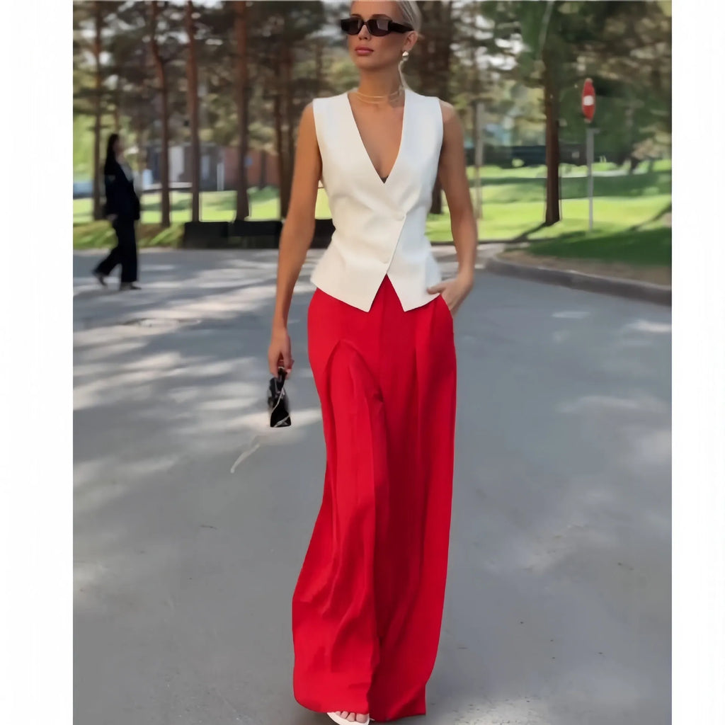 Women's beige deep V-neck sleeveless top with matching high-waist wide-leg trousers two-piece set
