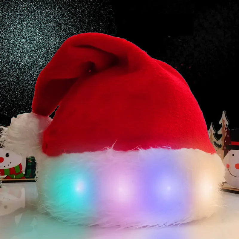 Red and white plush Santa hat with LED lights glowing in multiple colours on stretch spandex material