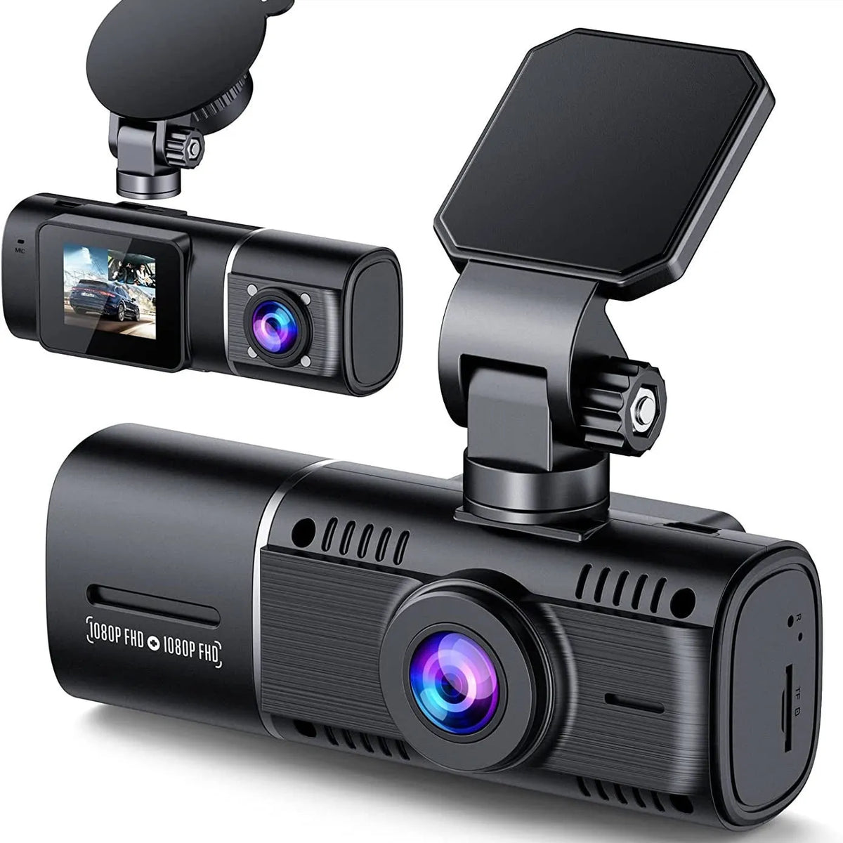 Standard black dashcam for car with front and rear recording, shown with 1.5-inch screen.