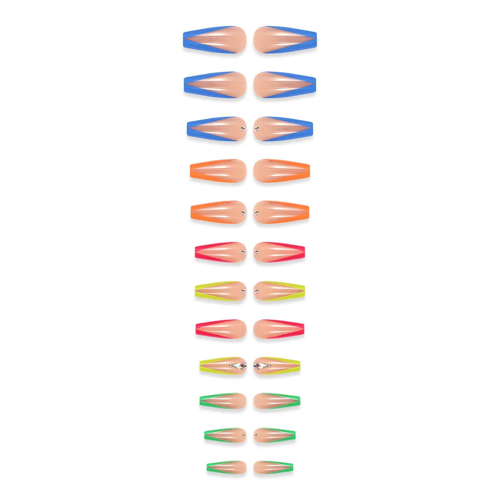 Diamond colour French style artificial nail tips with red cartoon love heart and cross designs.