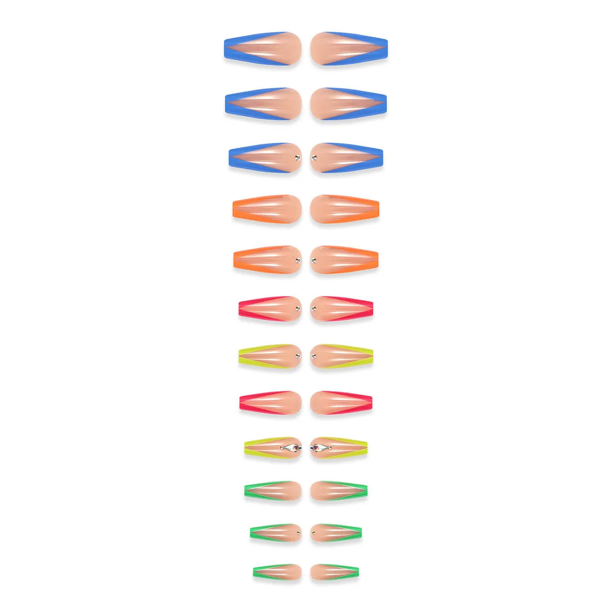 Diamond colour French style artificial nail tips with red cartoon love heart and cross designs.