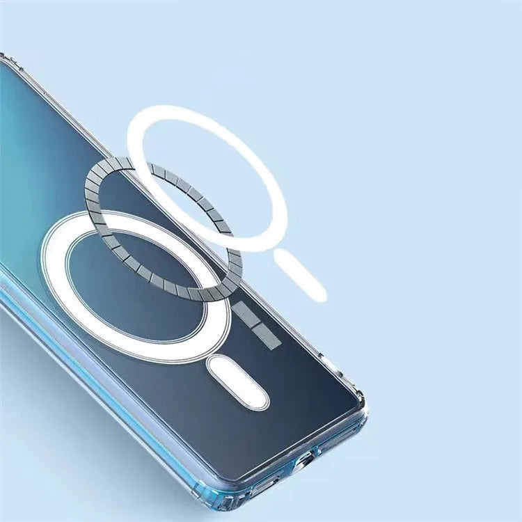 Transparent MagSafe magnetic phone case for Samsung Galaxy S21 through S23 series showing integrated charging ring
