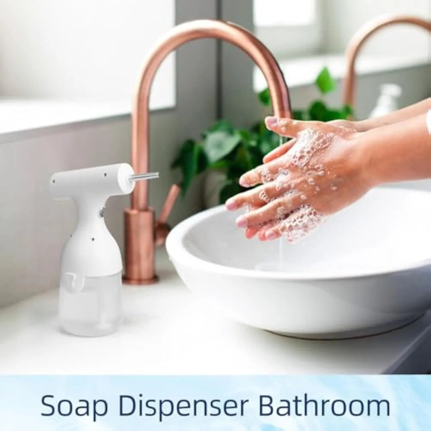 White electric foam soap dispenser with two nozzles and USB charging cable.