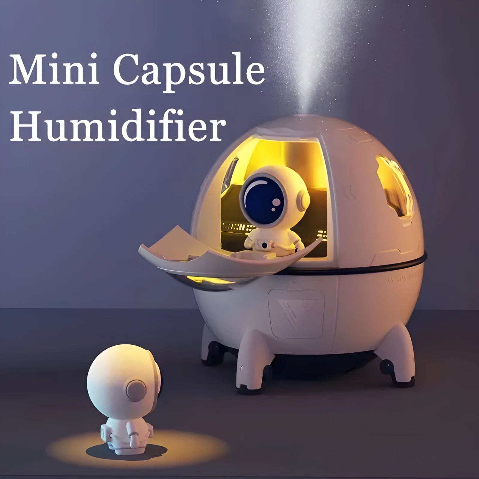 Astronaut-themed USB desktop humidifier with purple casing and colourful LED lighting