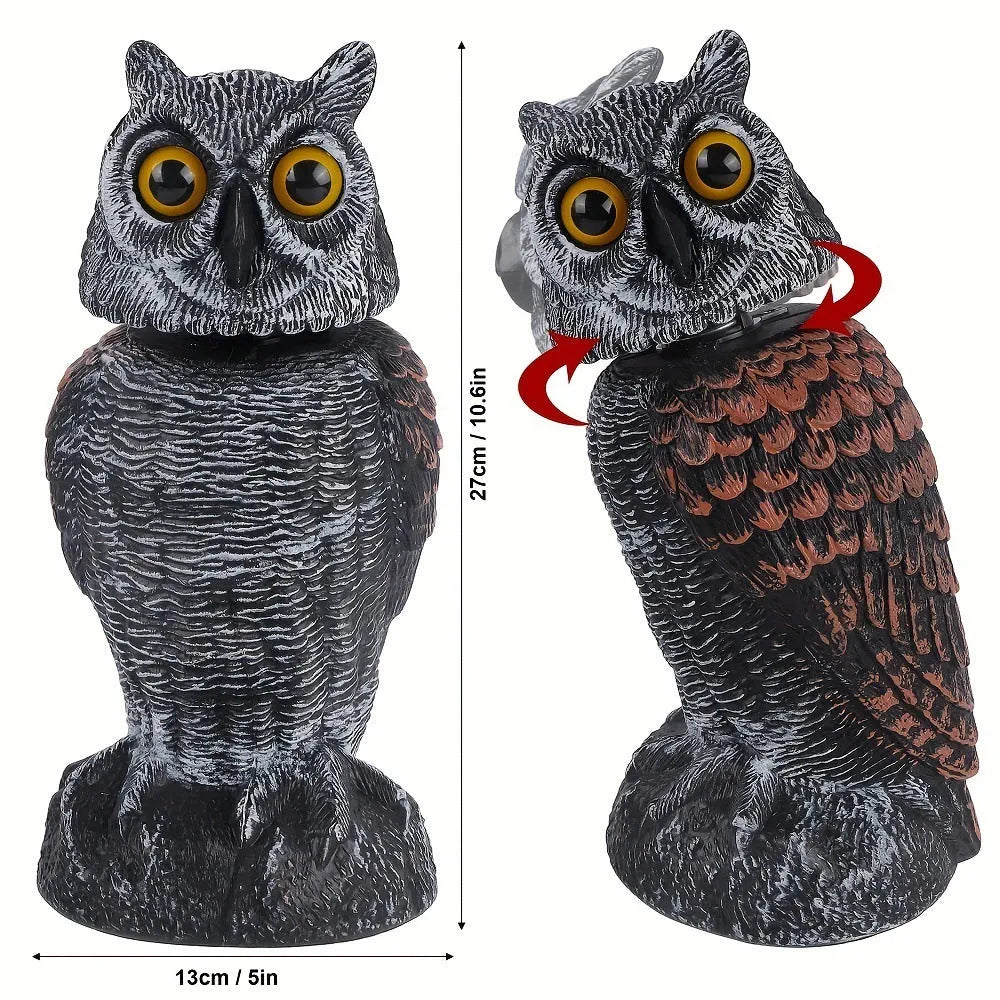 PE plastic artificial owl bird deterrent ornament with shaking head in outdoor garden setting