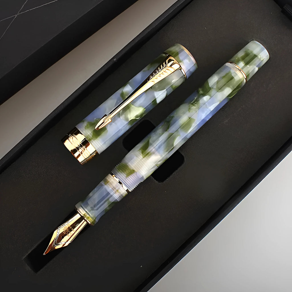Deep Bath Green metal ballpoint pen showing fine, medium, and graphic tip options