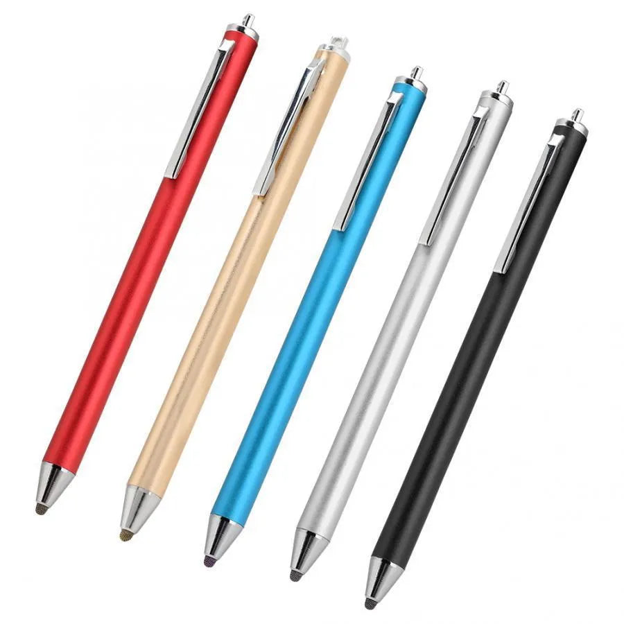 Metal fine-tip capacitive stylus pen in seven colour options on a touchscreen tablet.