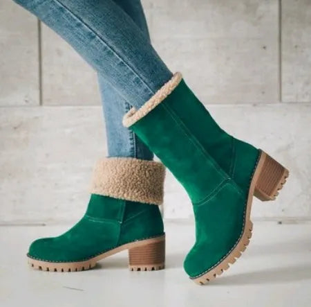 Women's mid-calf suede snow boots with a thick low heel in five colour options on a white background.