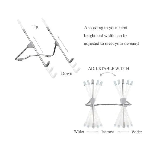 Grey foldable aluminium alloy and plastic laptop and phone stand shown in open and closed positions.