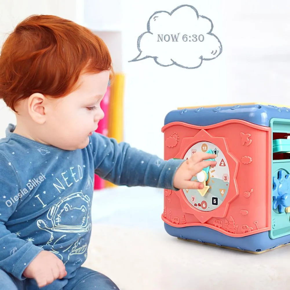 Baby hexahedron educational toy with six activity sides including bead maze and gear games