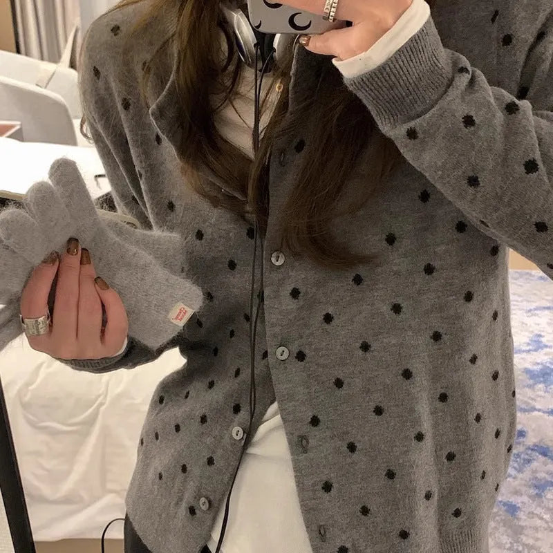 Women's Korean-style gray dot knitted cardigan with crocheted flower detail in black or gray colour