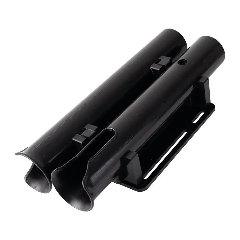 Motorcycle fishing rod rack with double-layer plastic construction and adjustable pipe clamp mounting system