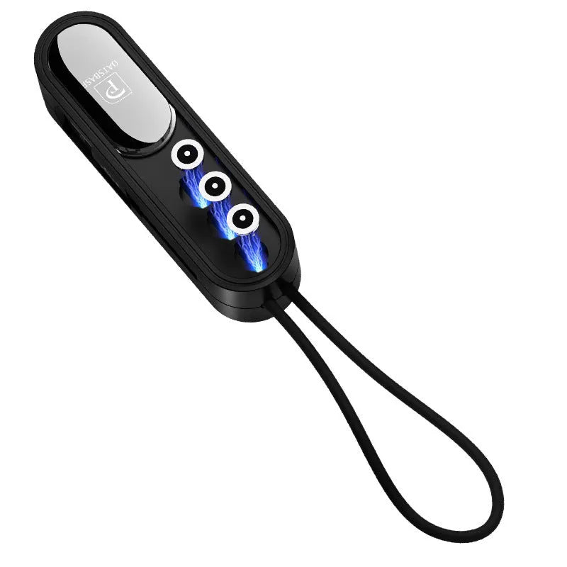 Magnetic three-in-one data charging cable in black colour showing three connectors and 0.4m length