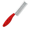 Red pet grooming comb with stainless steel short and long teeth and a plastic handle for removing knots and tangles.