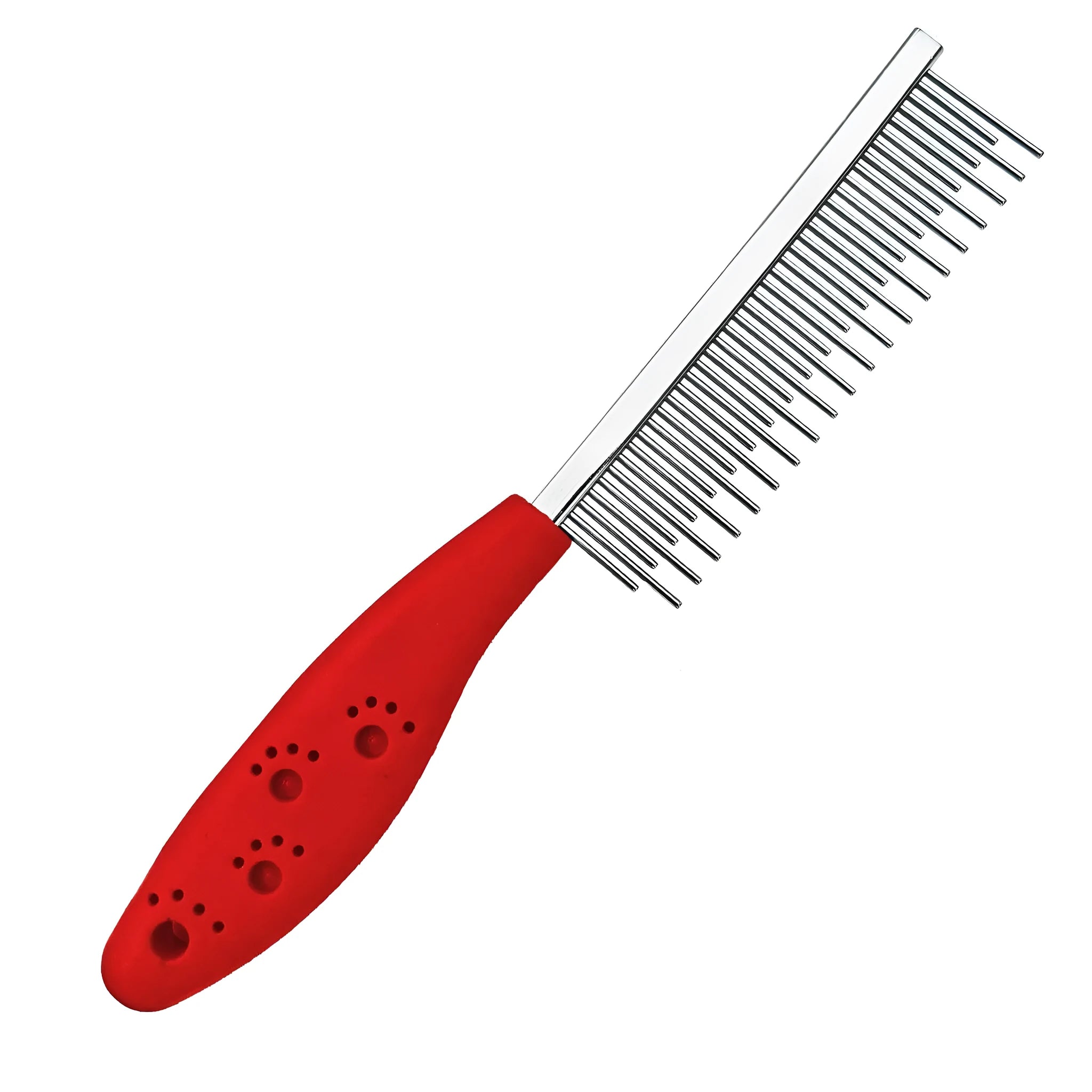 Red pet grooming comb with stainless steel short and long teeth and a plastic handle for removing knots and tangles.