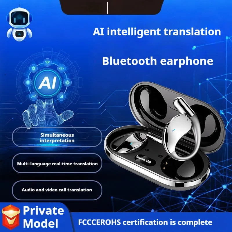 Black hanging-ear sports Bluetooth earphones with digital display.