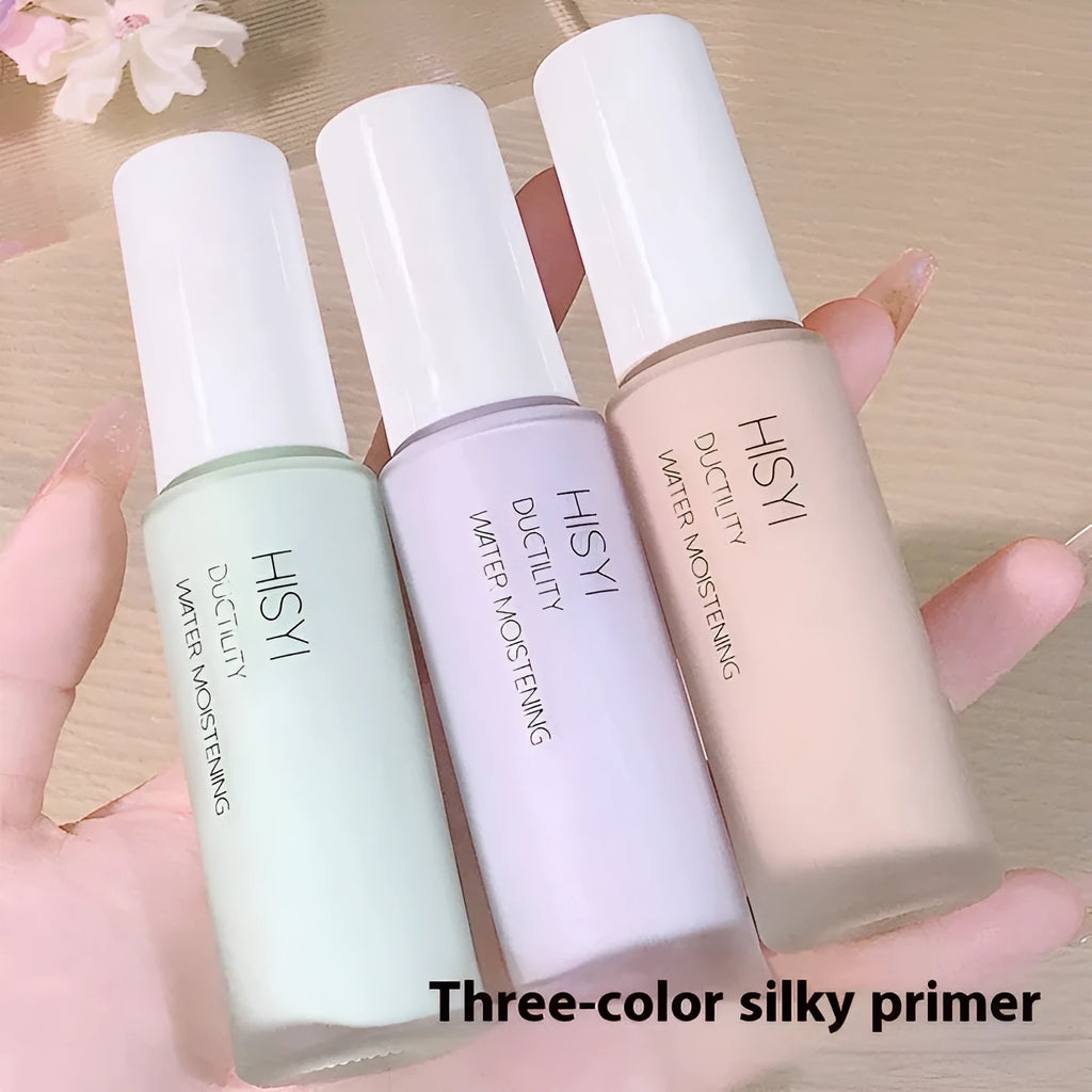 HISYI Silky Clear Makeup Primer bottle in one of three colour options for brightening and smooth application