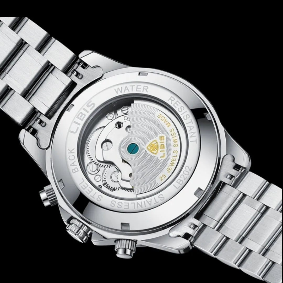 Men's silver automatic perpetual calendar watch with stainless steel strap