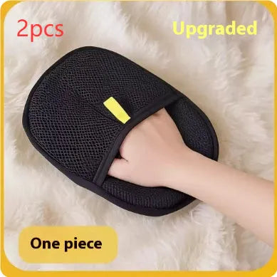 Black pet hair remover glove mitt with silicone bristles for dog cat rabbit grooming measuring 24x16cm
