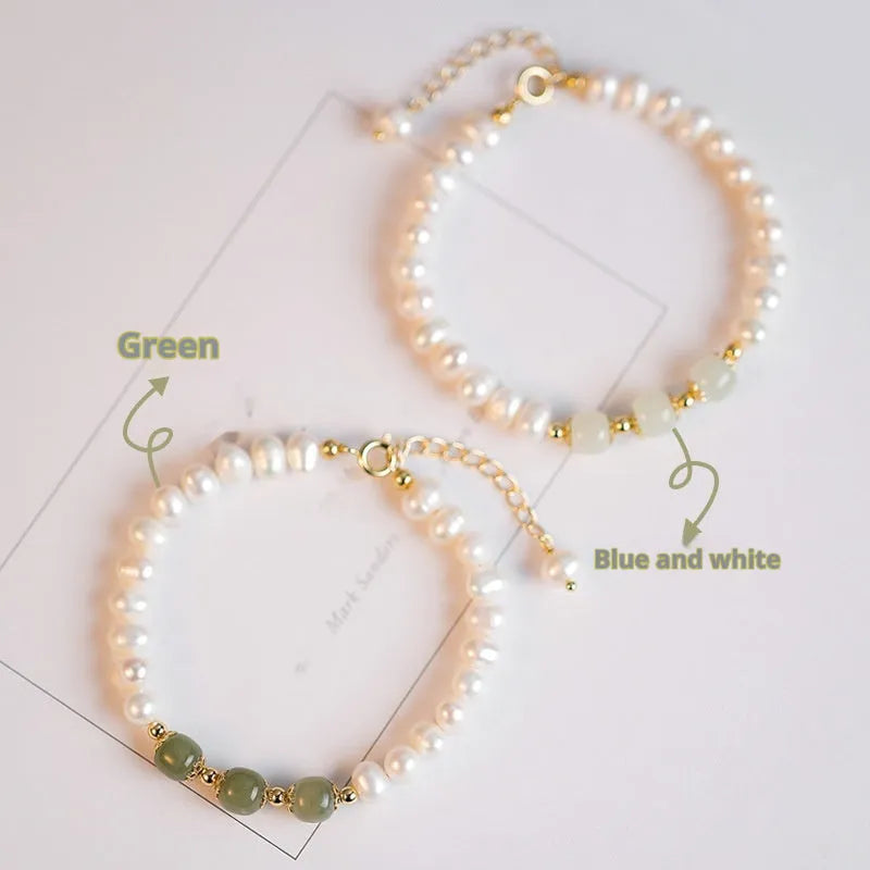 Korean style freshwater pearl bracelet with diamond-shaped electroplated beads in Hetian jade colour